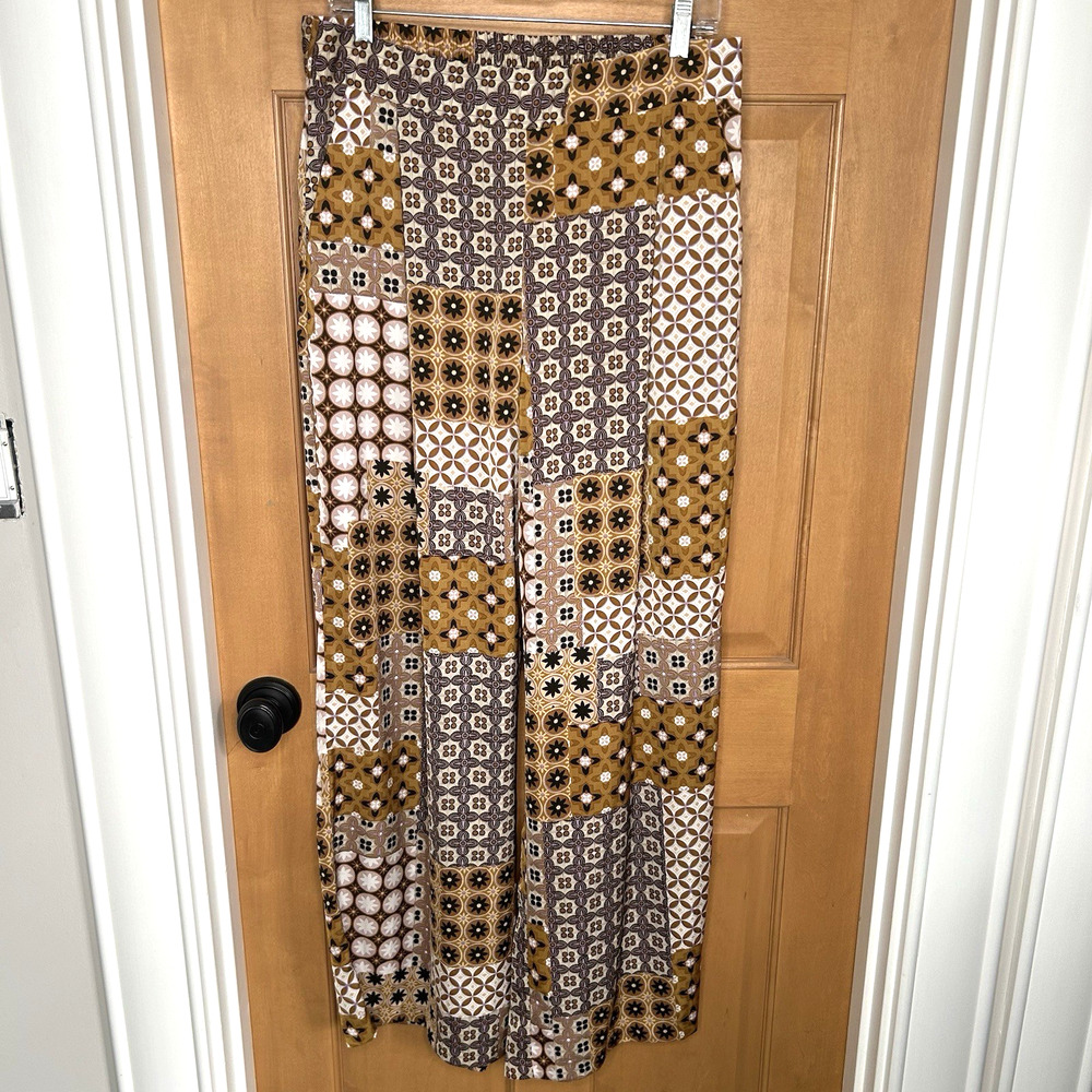 Drew‎ Patchwork Wide Leg Pants Size L Boho Geo Print Pull On Pockets